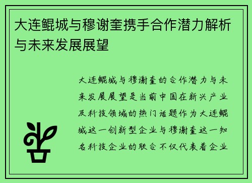 大连鲲城与穆谢奎携手合作潜力解析与未来发展展望
